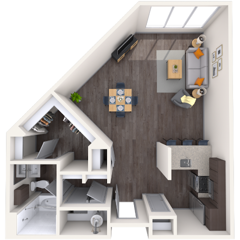 Floor plan for studio, 1 bath, 635 sqft