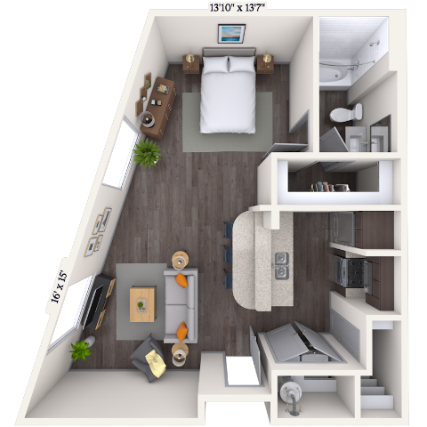 Floor plan for studio, 1 bath, 688 sqft