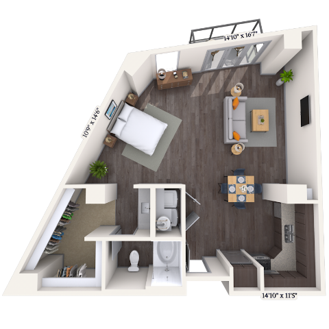 Floor plan for studio, 1 bath, 991 sqft