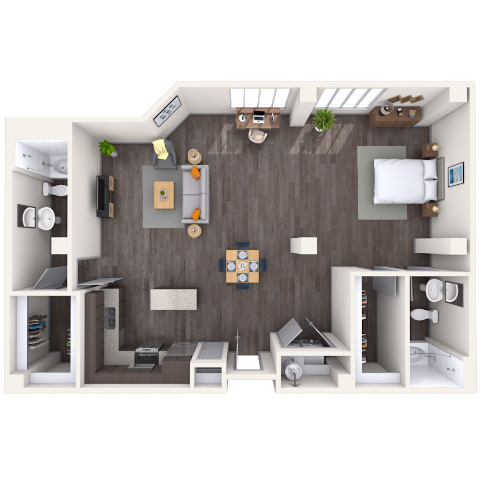 Floor plan for studio, 2 baths, 1235 sqft