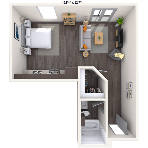 Floor plan for studio, 1 bath, 573 sqft