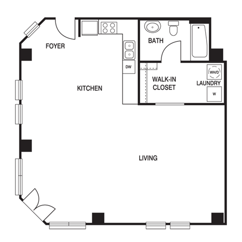 Floor plan for studio, 1 bath, 802 sqft