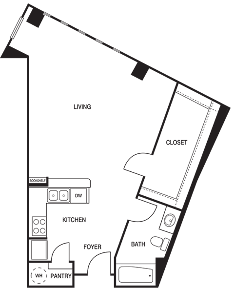 Floor plan for studio, 1 bath, 667 sqft