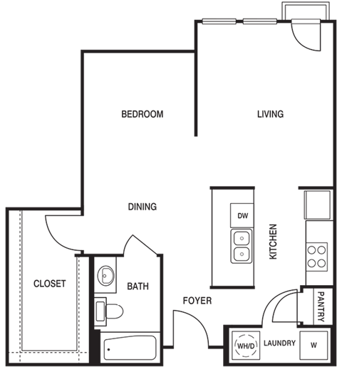 Floor plan for studio, 1 bath, 692 sqft