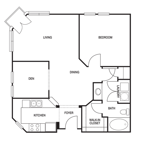 Floor plan for 1 bed, 1 bath, 785 sqft