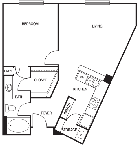 Floor plan for 1 bed, 1 bath, 901 sqft