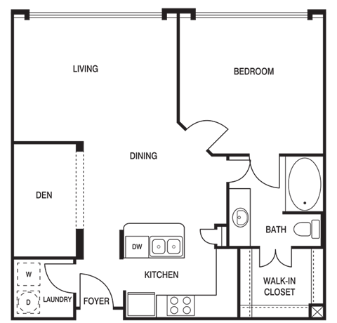 Floor plan for 1 bed, 1 bath, 933 sqft