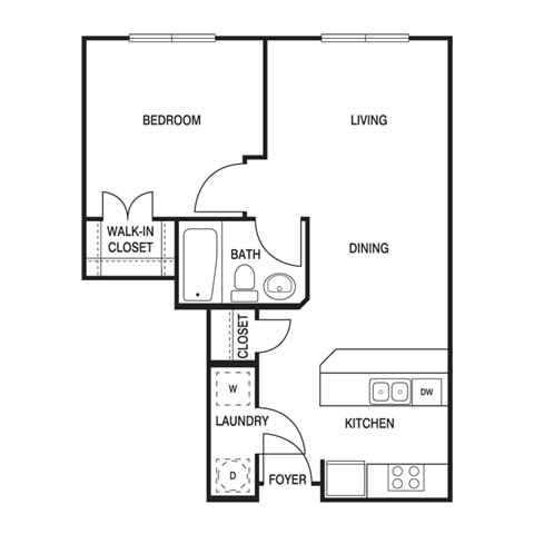 Floor plan for 1 bed, 1 bath, 678 sqft