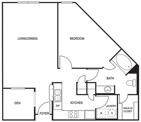 Floor plan for 1 bed, 1 bath, 806 sqft
