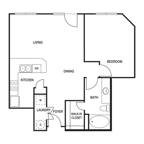 Floor plan for 1 bed, 1 bath, 757 sqft