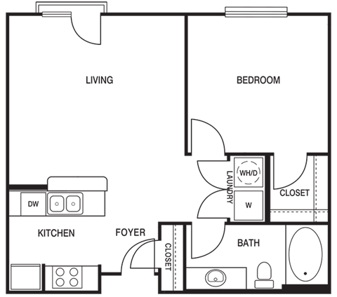 Floor plan for 1 bed, 1 bath, 679 sqft