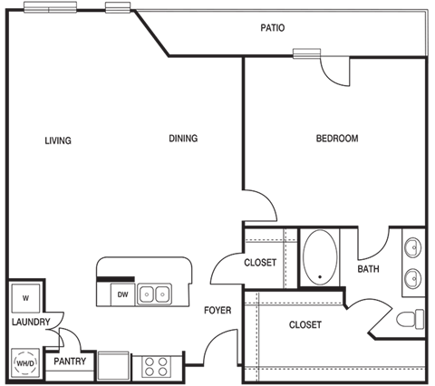 Floor plan for 1 bed, 1 bath, 1130 sqft