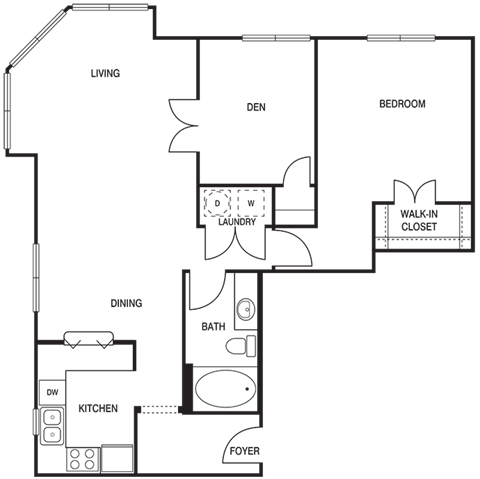 Floor plan for 1 bed, 1 bath, 940 sqft