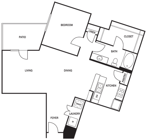 Floor plan for 1 bed, 1 bath, 941 sqft