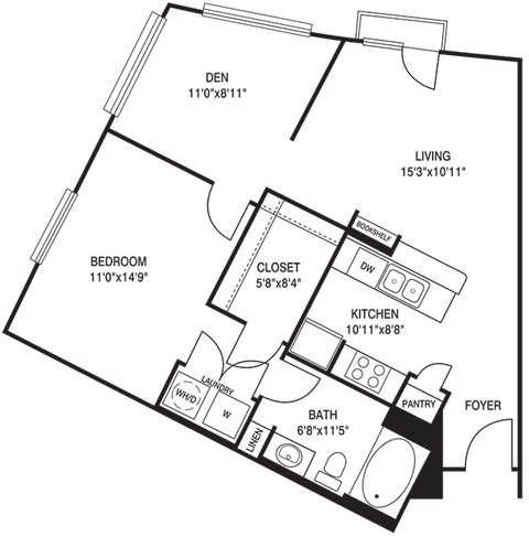Floor plan for 1 bed, 1 bath, 842 sqft