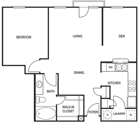 Floor plan for 1 bed, 1 bath, 862 sqft