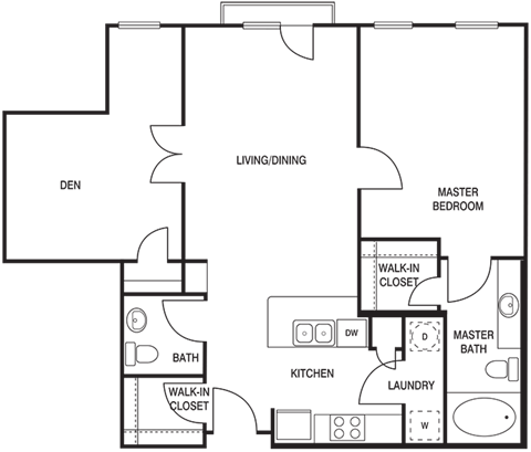 Floor plan for 1 bed, 1.5 baths, 856 sqft