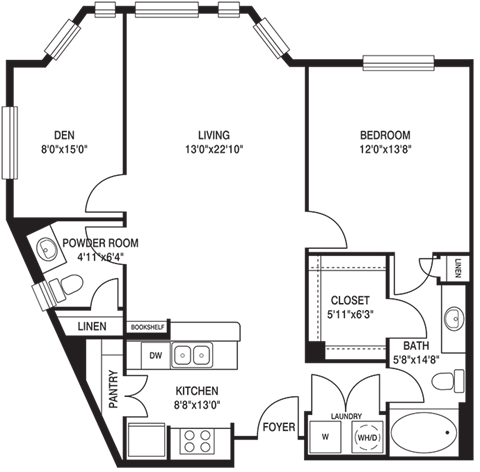Floor plan for 1 bed, 1.5 baths, 1020 sqft