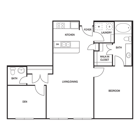 Floor plan for 1 bed, 2 baths, 1022 sqft