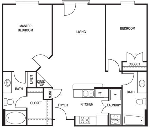 Floor plan for 2 beds, 2 baths, 1195 sqft