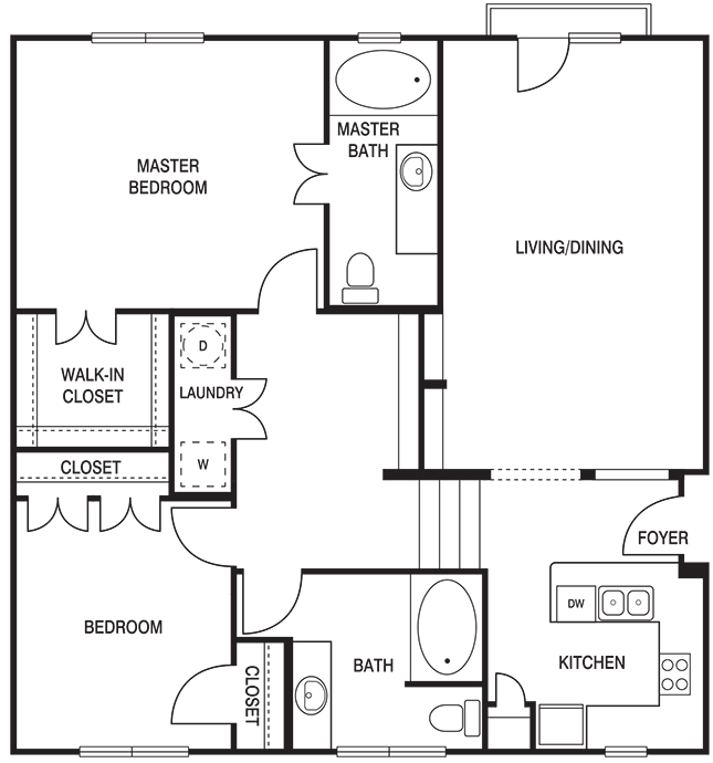 Floor plan for 2 beds, 2 baths, 1130 sqft