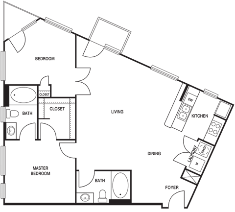 Floor plan for 2 beds, 2 baths, 1121 sqft
