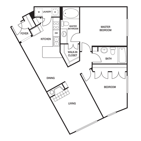Floor plan for 2 beds, 2 baths, 1023 sqft
