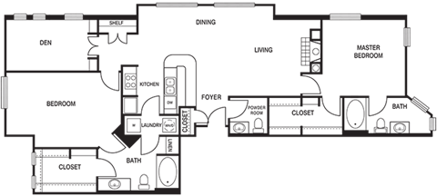 Floor plan for 2 beds, 2.5 baths, 1427 sqft