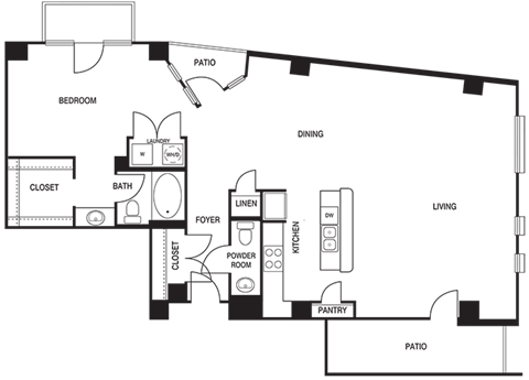 Floor plan for 1 bed, 1.5 baths, 1192 sqft