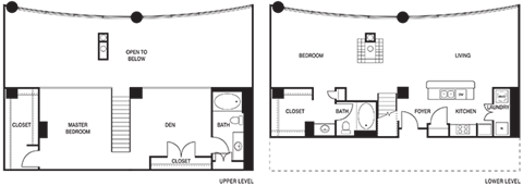 Floor plan for 1 bed, 1 bath, 843 sqft