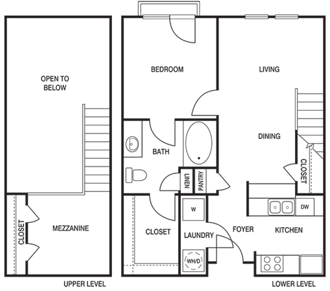 Floor plan for 1 bed, 1 bath, 767 sqft