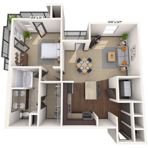 Floor plan for 1 bed, 1 bath, 963 sqft