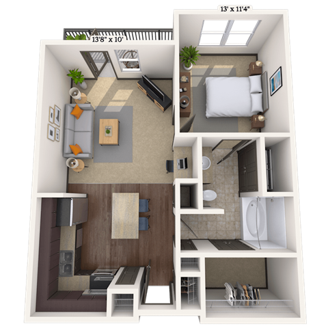 Floor plan for 1 bed, 1 bath, 754 sqft
