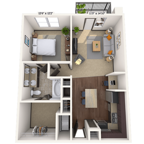 Floor plan for 1 bed, 1 bath, 808 sqft