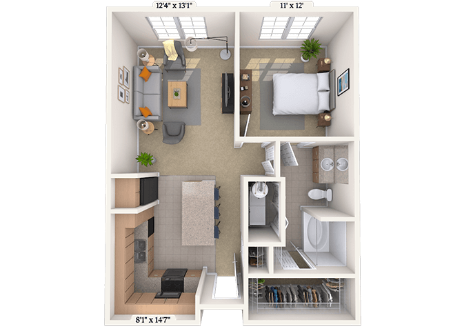 Floor plan for 1 bed, 1 bath, 852 sqft