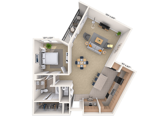 Floor plan for 1 bed, 1 bath, 977 sqft