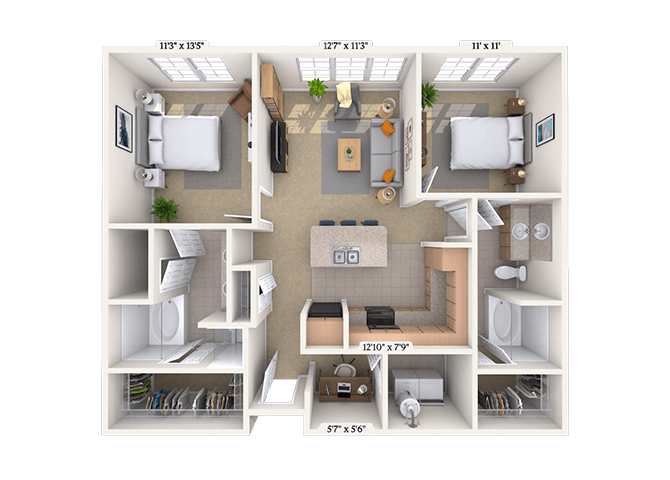 Floor plan for 2 beds, 2 baths, 1080 sqft
