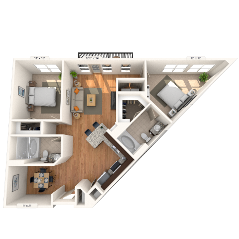 Floor plan for 2 beds, 2 baths, 1123 sqft