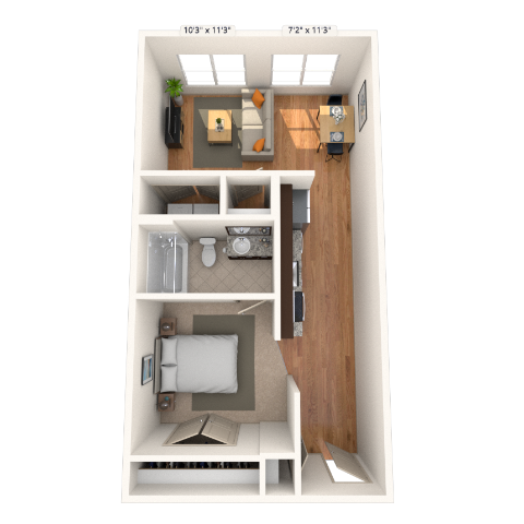 Floor plan for studio, 1 bath, 621 sqft