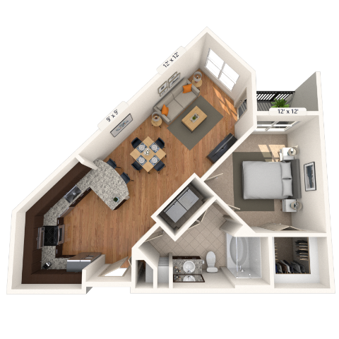 Floor plan for 1 bed, 1 bath, 731 sqft
