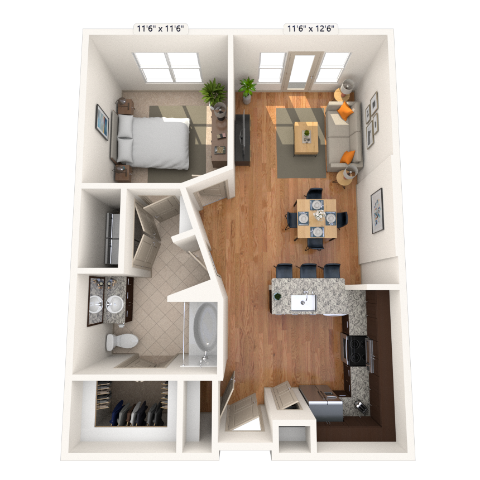Floor plan for 1 bed, 1 bath, 829 sqft