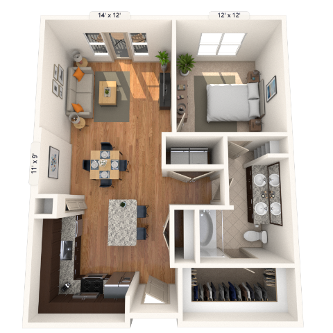 Floor plan for 1 bed, 1 bath, 925 sqft