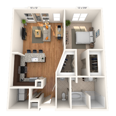 Floor plan for 1 bed, 1 bath, 969 sqft