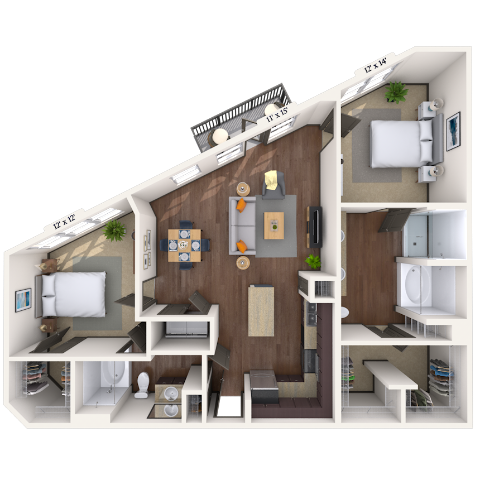 Floor plan for 2 beds, 2 baths, 1196 sqft