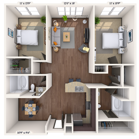 Floor plan for 2 beds, 2 baths, 1267 sqft