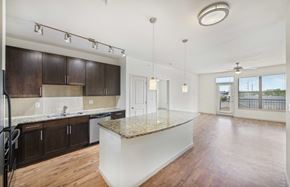 Houston apartment for rent - an open kitchen and living room with a marble counter top