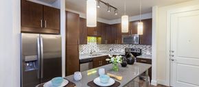 Houston apartment for rent - a kitchen with stainless steel appliances and a granite counter top