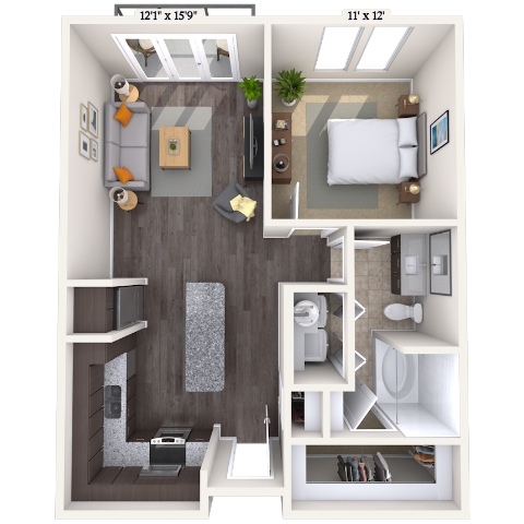 Floor plan for 1 bed, 1 bath, 764 sqft
