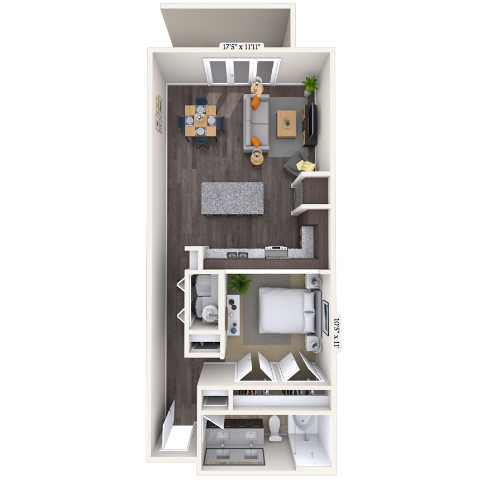 Floor plan for 1 bed, 1 bath, 749 sqft