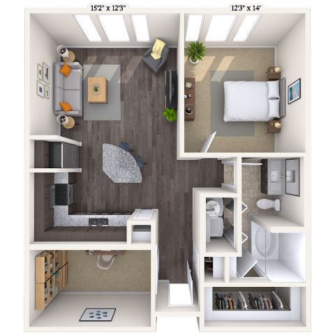 Floor plan for 1 bed, 1 bath, 854 sqft